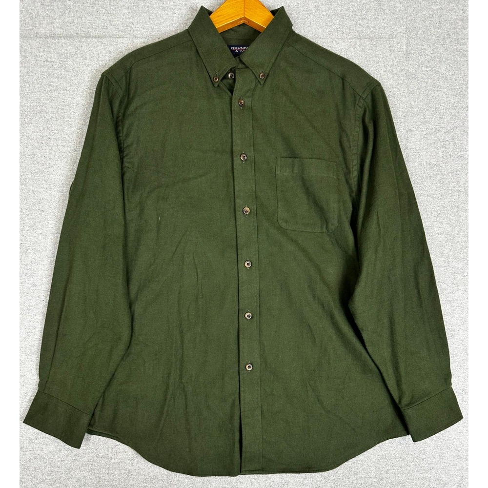Roundtree & Yorke Chamois Flannel Shirt L Green Cotton Button Down Long Sleeve